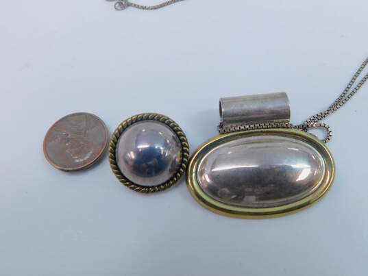 Vintage Taxco Laton 925 & Brass Oval Pendant Necklace & Dome Clip Earrings 34.0g image number 6