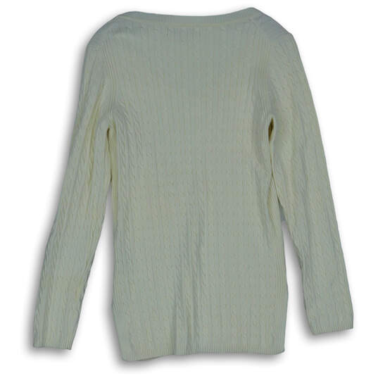 Womens Beige Knitted Long Sleeve V-Neck Side Slit Pullover Sweater Size L image number 2