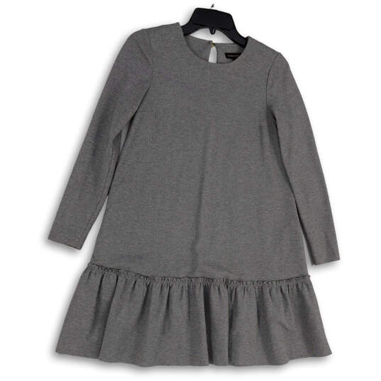 Womens Gray Crew Neck 3/4 Sleeve Ruffle Hem Pullover A-Line Dress Size 0 image number 1