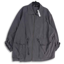 NWT Womens Gray Collared Pockets Roll Tab Sleeve Full-Zip Jacket Size 3X
