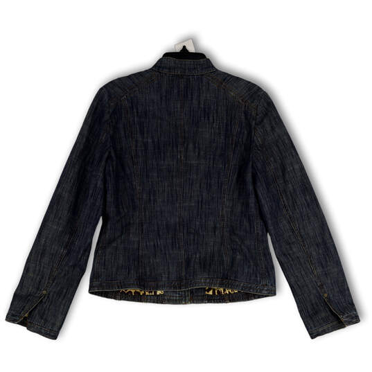 Womens Blue Denim Mandarin Collar Long Sleeve Snap Front Jean Jacket Size M image number 2