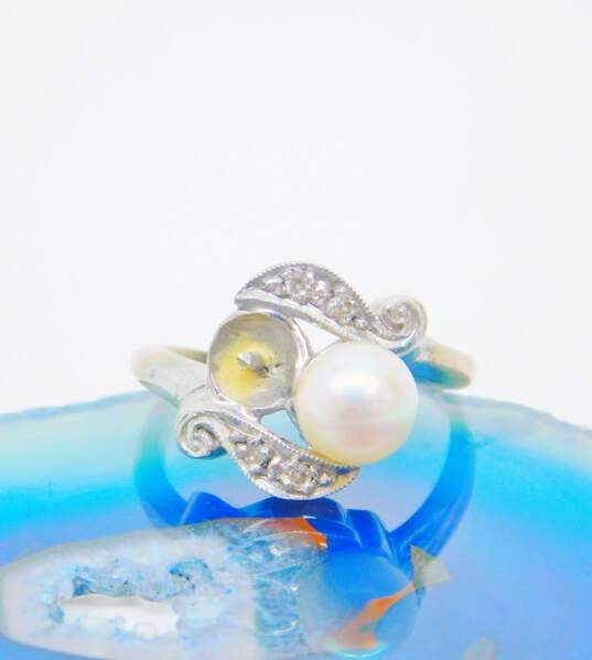 Vintage 14K White Gold Pearl & Diamond Accent Ring for Repair 3.5g image number 1