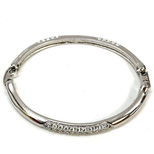 Designer Swarovski Silver-Tone Sparkle Crystal Stone Hinged Bangle Bracelet image number 3