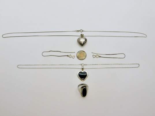 Romantic 925 Black Enamel & Puffy Heart Pendant Necklaces Ring & Heart Threader Earrings 18.5g image number 7