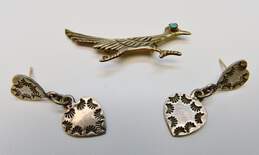 Artisan & Mexico 925 Southwestern Turquoise Cabochon Eye Roadrunner Bird Brooch & Stamped Hearts Drop Post Earrings 14.5g