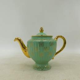Vintage Hall Pottery Ceramic Sea Foam Green & Gold Trim Teapot