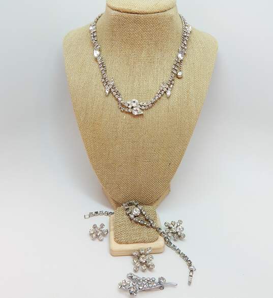 Vintage Austria & More Silvertone Icy Rhinestones Vine Necklace Chain Bracelet Small Snowflake & Flower Bouquet Brooches 43g image number 5