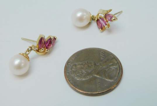 Romantic 14k Yellow Gold Pink Spinel & Pearl Drop Earrings 2.2g image number 4