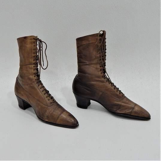 Antique Victorian Edwardian Era Brown Leather Lace Up Boots Heels Women's Shoes image number 3