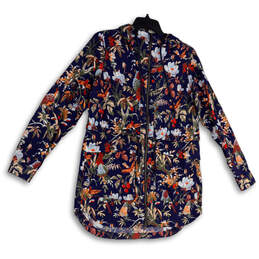 Womens Blue Floral Print Long Sleeve Pockets Full-Zip Hoodie Size Small