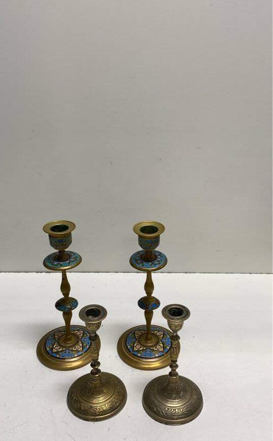 Brass and Bronze Set of 4 Candlesticks Metal Enamel Candle Holders image number 2
