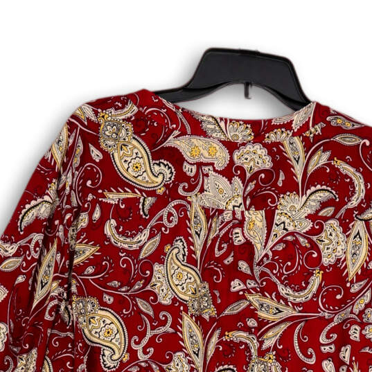 Womens Red Paisley Pleated Split Neck 3/4 Sleeve Blouse Top Size 1X image number 4