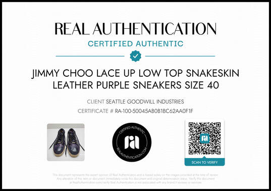 Jimmy Choo Women's Purple Snakeskin Leather Low Top Lace Up Sneakers Size 9 AUTHENTICATED image number 2