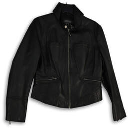 Womens Black Leather Mock Neck Long Sleeve Full-Zip Jacket Size Large