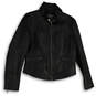 Womens Black Leather Mock Neck Long Sleeve Full-Zip Jacket Size Large image number 1