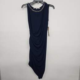Navy Blue Asymmetrical Cinched Sleeveless Embellished Neck Dress