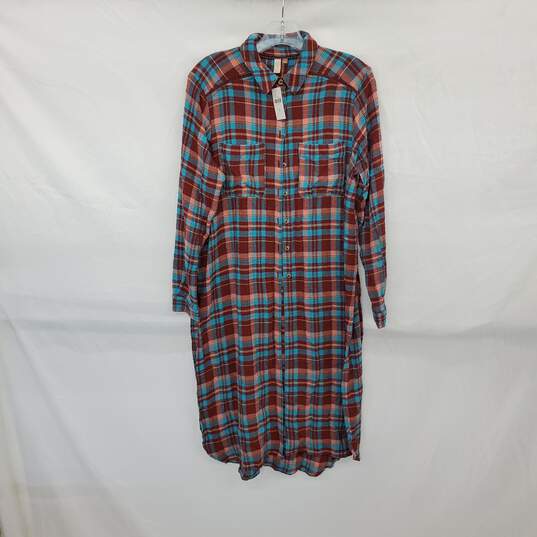 Pilcro Plaid Maroon & Turquoise Long Flannel Shirt WM Size XS NWT image number 1