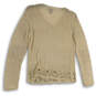 Womens Beige Crochet Beaded V-Neck Long Sleeve Pullover Sweater Size Large image number 2