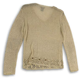 Womens Beige Crochet Beaded V-Neck Long Sleeve Pullover Sweater Size Large alternative image