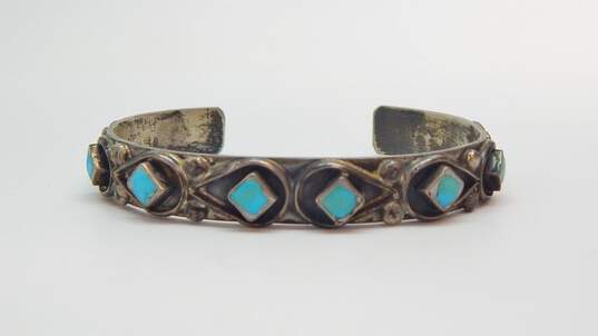 Signed A Cachini 925 Southwestern Turquoise Square Inlay Teardrops & Dotted Cuff Bracelet 21.2g image number 1