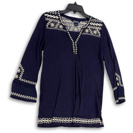 Womens Blue Ivory Bohemian Embroidered 3/4 Sleeve V-Neck Tunic Top Size M