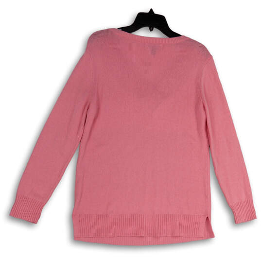 Womens Pink Long Sleeve Ribbed Cuff V-Neck Knitted Pullover Sweater Size S image number 2