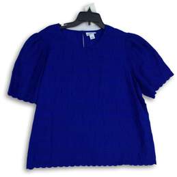 Liz Claiborne Womens Blue Round Neck Puff Sleeve Scallop Hem Blouse Top Size XL