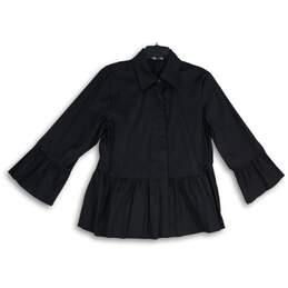 Black Label Womens Black Spread Collar Long Sleeve Peplum Blouse Top Size L