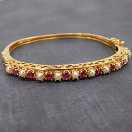 14K Yellow Gold Ruby & Pearl Hinged Bangle Bracelet 15.9g