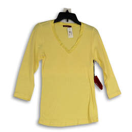 NWT Womens Yellow V-Neck 3/4 Sleeve Stretch Pullover T-Shirt Size Medium
