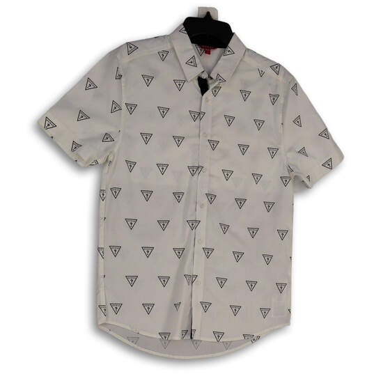 Mens White Signature Print Collared Short Sleeve Button-Up Shirt Size Small image number 1