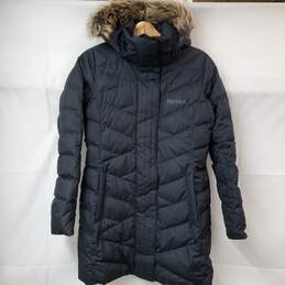 Marmot Fur Trim Hooded Full-Zip Black Puffer Jacket S/P