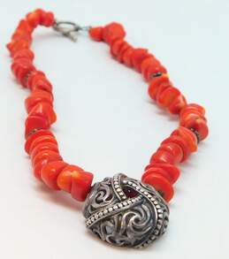 Romantic 925 Dotted & Open Scrolled Knot Pendant Coral & Granulated Beaded Toggle Necklace 65.9g alternative image