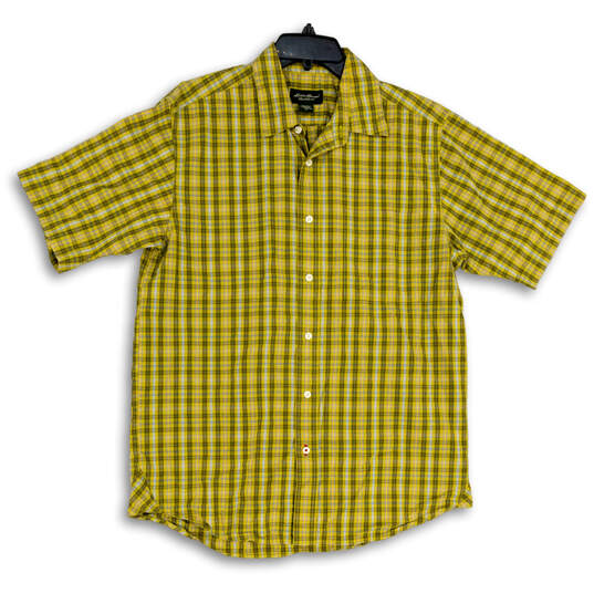 Mens Yellow Plaid Relaxed Fit Short Sleeve Collared Button Up Shirt Size M image number 3