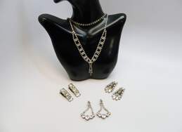 Vintage Silvertone Icy Clear Rhinestones Tassel Pendant & Chain Necklaces Drop Clip On & Post Earrings & Bar Fur Clips 57.2g