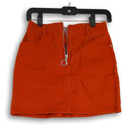 Womens Orange Dark Wash Pockets Denim Zip Front Mini Skirt Size XS