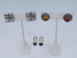 Signed Israel & Artisan 925 Amber Cabochon Circle Onyx Textured Modernist & Knot Square Clip On Earrings Variety 24g