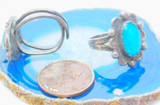 Artisan 925 & 950 Silver Turquoise Cabochon Scalloped & Stamped & Granulated & Rope Split Shank Rings Variety 10.3g image number 4