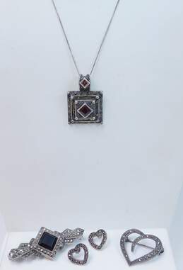 Judith Jack & Romantic 925 Garnet & Marcasite Tiered Squares Pendant Necklace Heart Post Earrings & Onyx Art Deco & Heart Brooches 25.8g alternative image