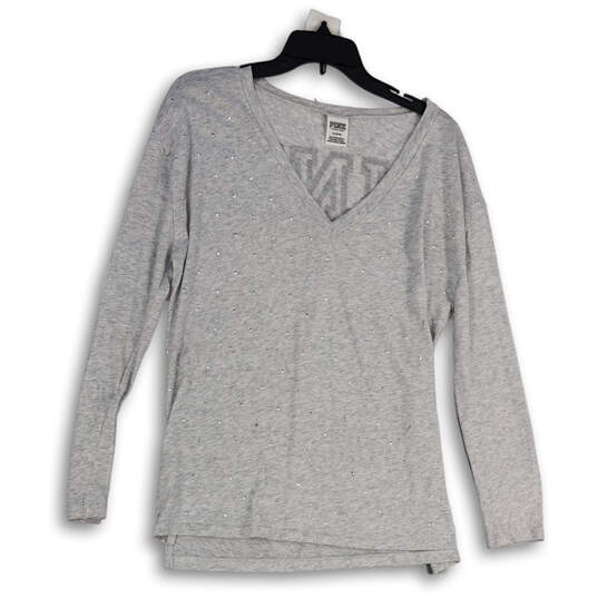 Womens Gray Studded Side Slit Long Sleeve V-Neck Pullover T-Shirt Size M image number 1