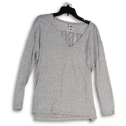 Womens Gray Studded Side Slit Long Sleeve V-Neck Pullover T-Shirt Size M