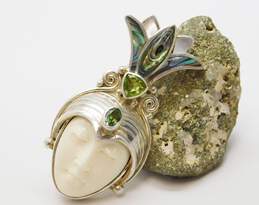 Sajen 925 Goddess Face Faceted Peridot & Abalone & Mother of Pearl Shell Granulated Crown Statement Pendant Brooch 21.5g