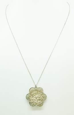 Vintage 925 Sterling Silver Floral Filigree Pendant Necklace On 835 Silver Chain 10.7g alternative image
