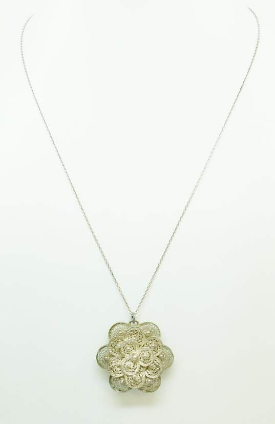 Vintage 925 Sterling Silver Floral Filigree Pendant Necklace On 835 Silver Chain 10.7g image number 2