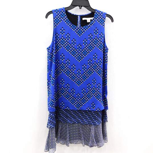 Diane Von Furstenberg Liza Blue Layered Silk Crepe Ruffle Shift Women's Dress Size M with COA image number 1