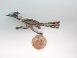 Signed OXI 925 Southwestern Turquoise Cabochon Stamped Roadrunner Bird Brooch 7.9g alternative image