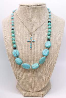 (G) Artisan 925 Faux Turquoise Cross Pendant Chain & Beaded Necklaces