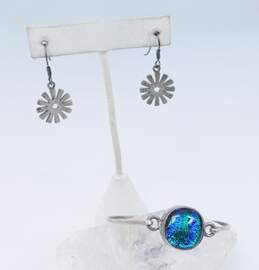 Artisan 925 Blue Dichroic Art Glass Circle Tension Bangle Bracelet & Unique Flower Drop Earrings 15.2g