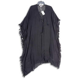 NWT Womens Black Tassel Lace-Up Neck Short Kaftan Dress One Size
