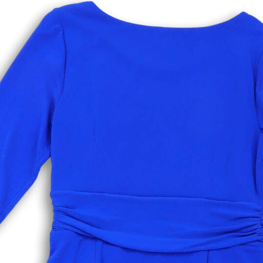 Womens Blue Draped Long Sleeve Round Neck Knee Length Sheath Dress Size 14 image number 4